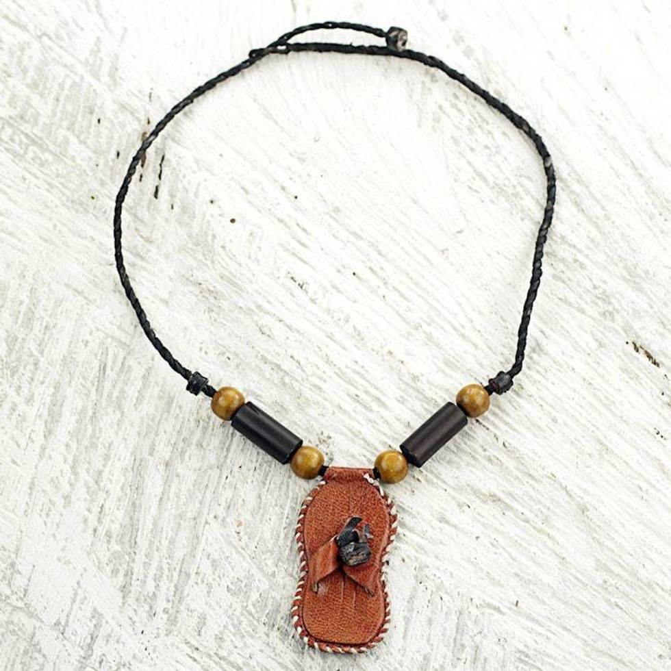 Handmade Necklace with Leather Pendant and Beaded Accents 'Ahenema Royalty'