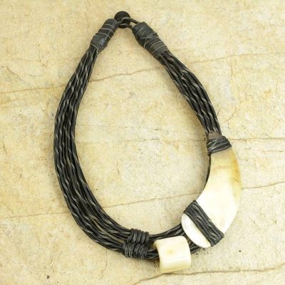 Alternate image for Horn and Bone Pendants on Black Leather Necklace Sougri Black
