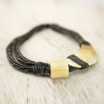 Alternate image for Horn and Bone Pendants on Black Leather Necklace Sougri Black