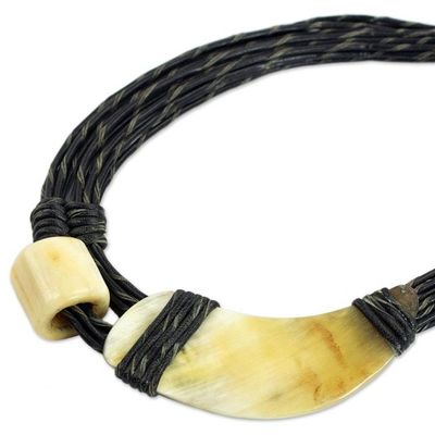 Alternate image for Horn and Bone Pendants on Black Leather Necklace Sougri Black