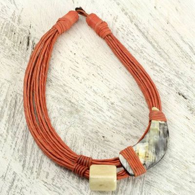 Alternate image for Horn and Bone Pendants on Recycled Beads Orange Necklace Sougri Orange