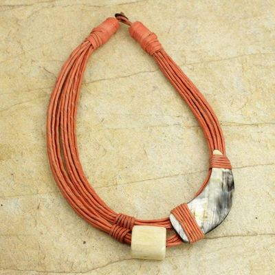 Alternate image for Horn and Bone Pendants on Recycled Beads Orange Necklace Sougri Orange