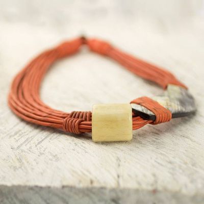 Alternate image for Horn and Bone Pendants on Recycled Beads Orange Necklace Sougri Orange