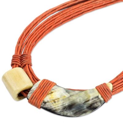 Alternate image for Horn and Bone Pendants on Recycled Beads Orange Necklace Sougri Orange