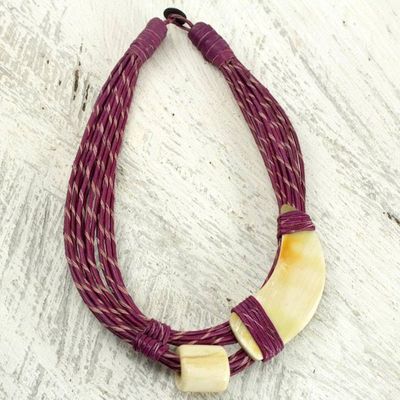 Alternate image for Natural Horn and Bone Leather Hand Crafted Violet Necklace Sougri Violet