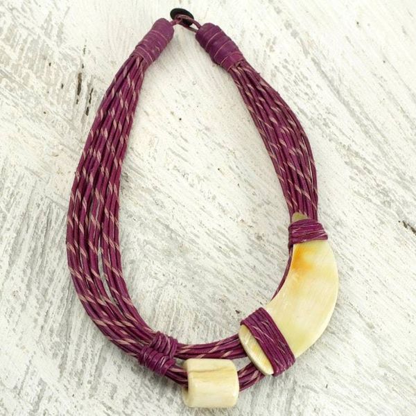 Alternate image for Natural Horn and Bone Leather Hand Crafted Violet Necklace Sougri Violet