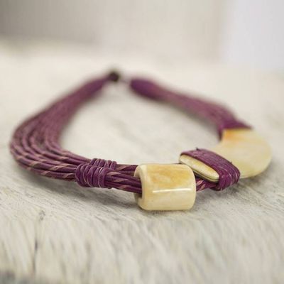 Alternate image for Natural Horn and Bone Leather Hand Crafted Violet Necklace Sougri Violet