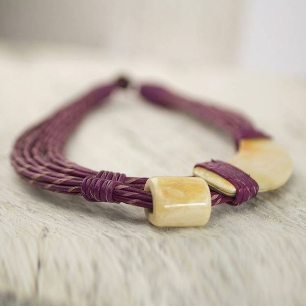 Alternate image for Natural Horn and Bone Leather Hand Crafted Violet Necklace Sougri Violet