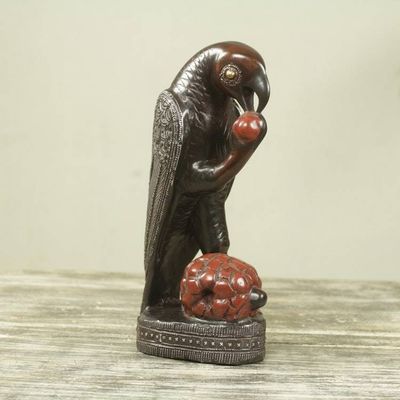 Alternate image for Handcrafted African Bird Theme Wood Sculpture Parrot with Palm Fruit
