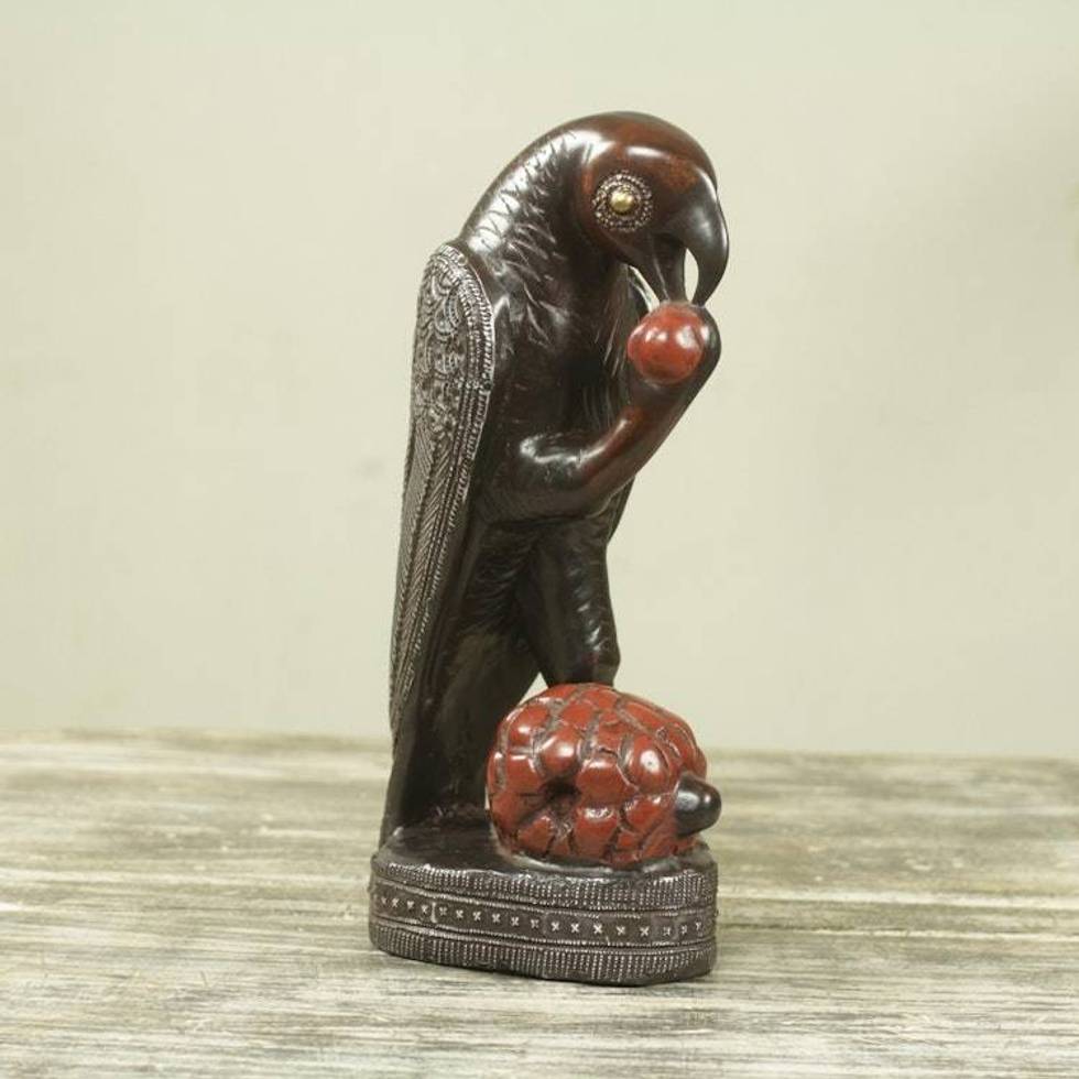 Handcrafted African Bird Theme Wood Sculpture 'Parrot with Palm Fruit'
