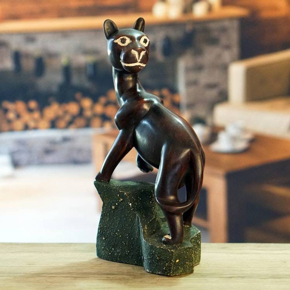 Handcrafted Sese Wood Sculpture of a Traditional Wild Cat 'Save Our Wildlife'