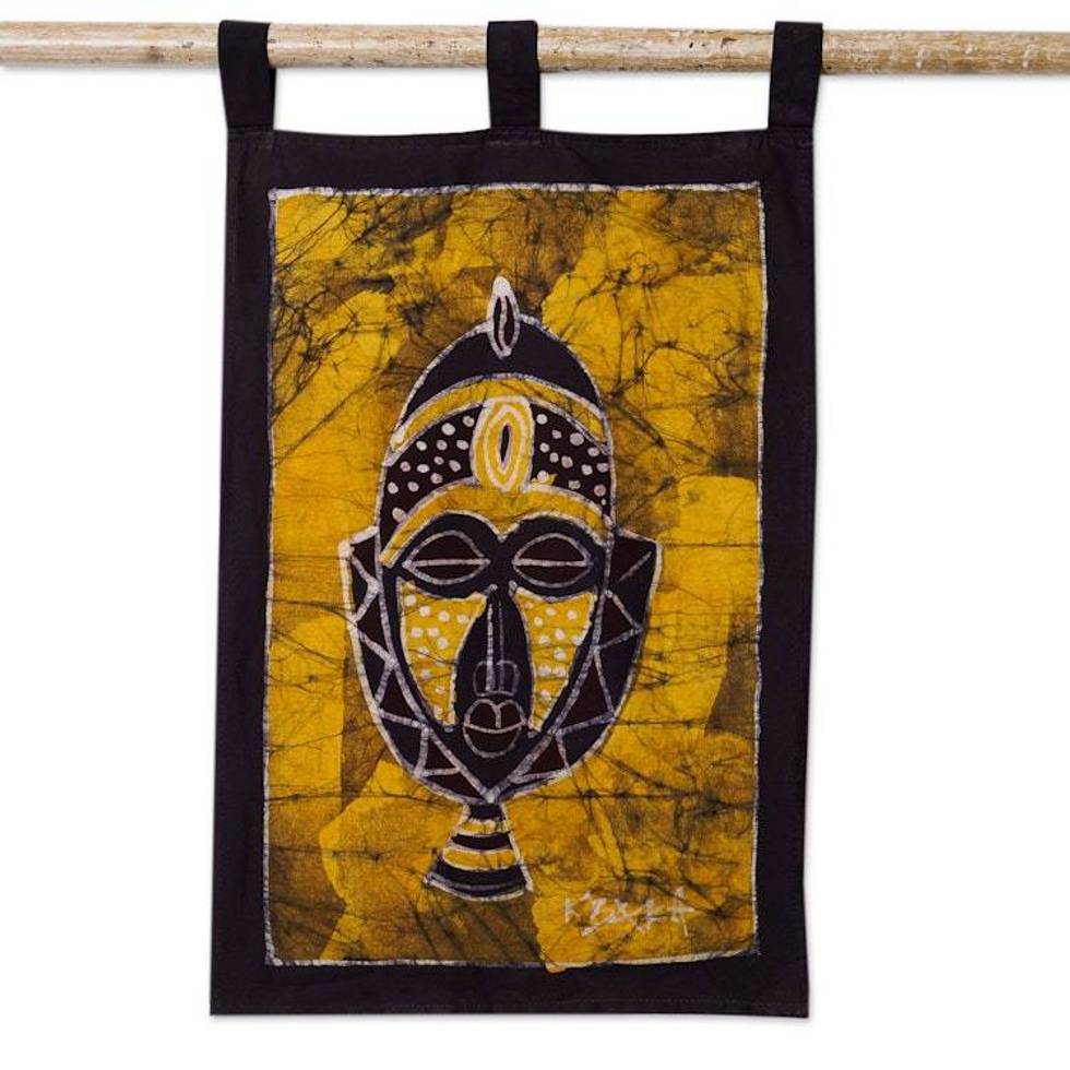 Hand-Painted Cotton Wall Hanging of African Mask in Yellow 'Borkoor'
