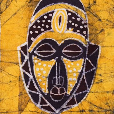 Alternate image for Hand-Painted Cotton Wall Hanging of African Mask in Yellow Borkoor