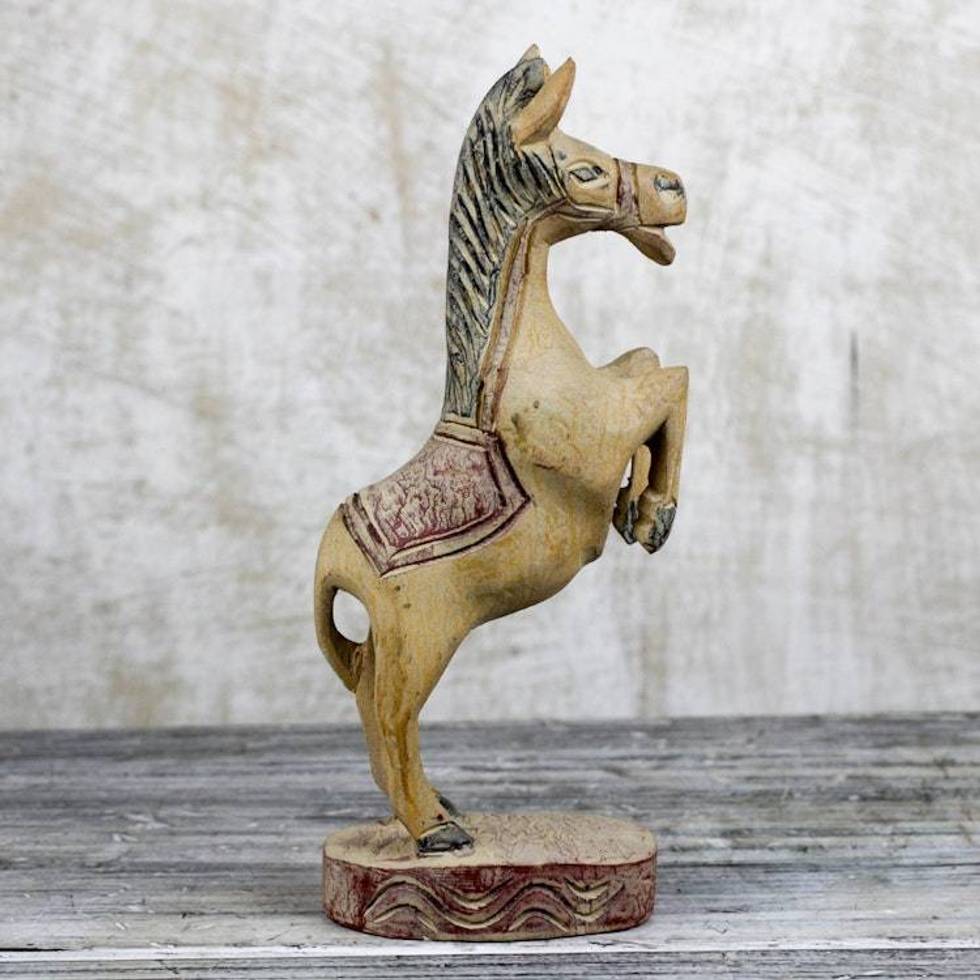 Hand Carved Sese Wood West Africa Wood Horse Statuette 'Rearing Stallion'