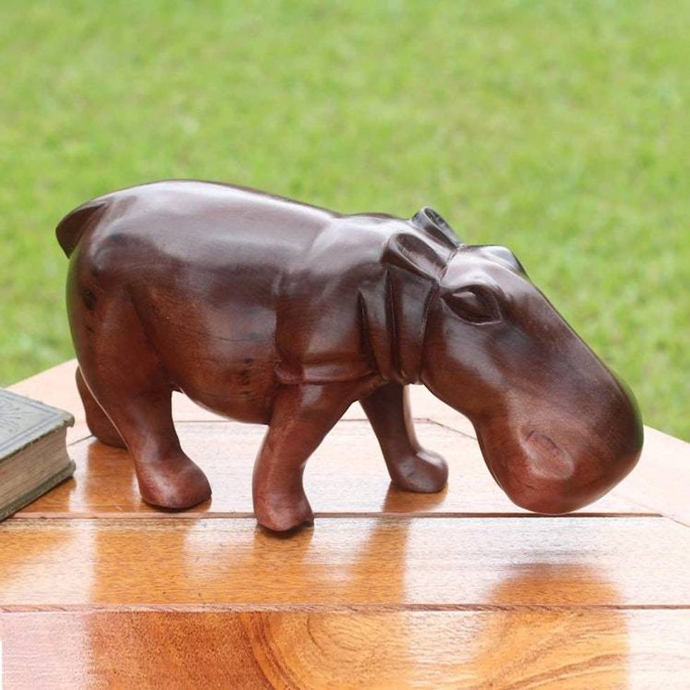 Artisan Crafted Wood Sculpture 'Sacred Hippo'