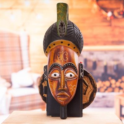 Alternate image for Sese Wood African Wall Mask Hand-Painted in Orange Shade Vibrant Bongo