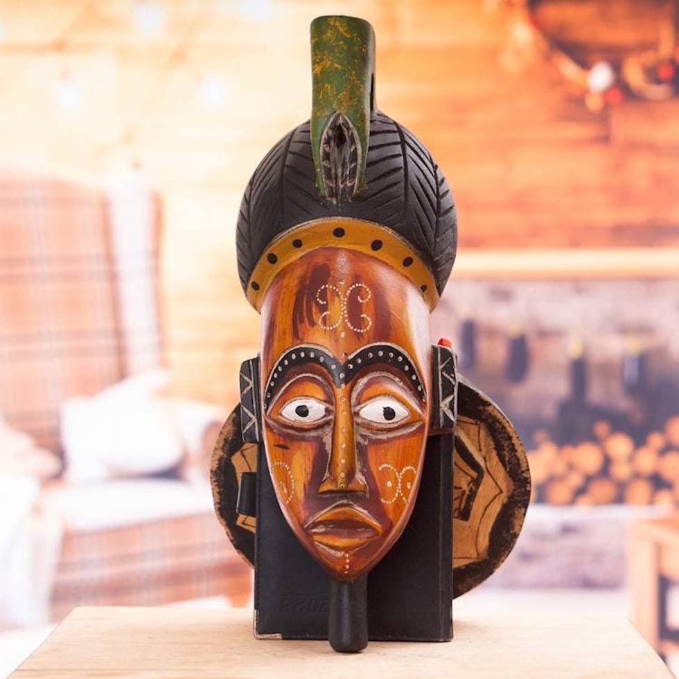 Sese Wood African Wall Mask Hand-Painted in Orange Shade 'Vibrant Bongo'