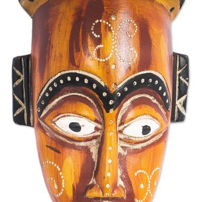 Alternate image for Sese Wood African Wall Mask Hand-Painted in Orange Shade Vibrant Bongo