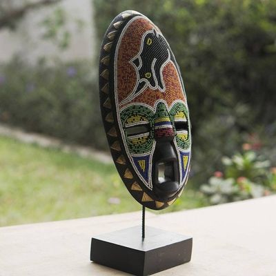 Alternate image for Beaded African Sese Wood Mask from Ghana Lucky Rhino