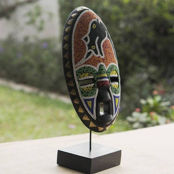 Alternate image for Beaded African Sese Wood Mask from Ghana Lucky Rhino