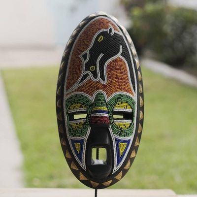 Alternate image for Beaded African Sese Wood Mask from Ghana Lucky Rhino