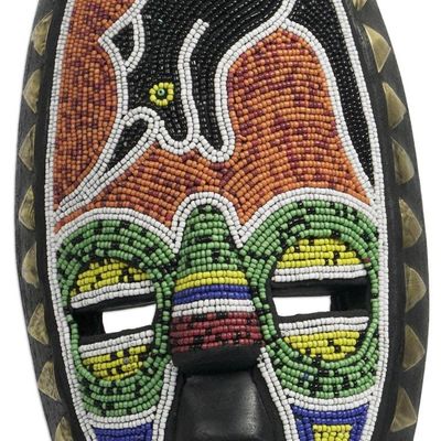Alternate image for Beaded African Sese Wood Mask from Ghana Lucky Rhino