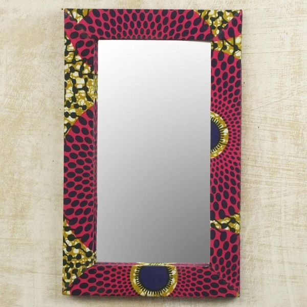 Alternate image for Cotton and Sese Wood Mirror in Deep Rose and Gold from Ghana Cerise Daakye
