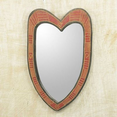 Alternate image for Handcrafted Wood Heart-Shaped Wall Mirror from Ghana Texture of Love