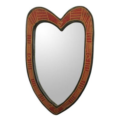 Alternate image for Handcrafted Wood Heart-Shaped Wall Mirror from Ghana Texture of Love