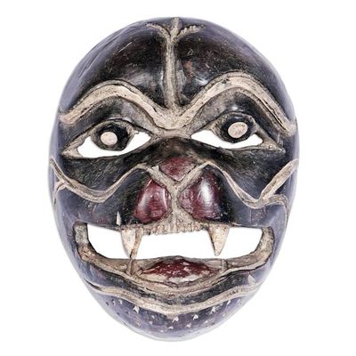 Alternate image for Hand Carved Wood Tiger Mask from West Africa Grinning Wild Cat