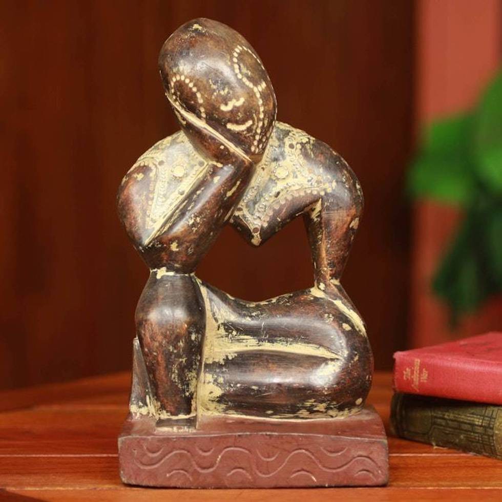 Vintage Style Ghanaian Wood Sculpture 'Thinking Man'