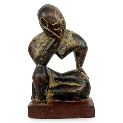 Alternate image for Vintage Style Ghanaian Wood Sculpture Thinking Man