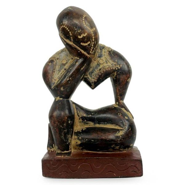 Alternate image for Vintage Style Ghanaian Wood Sculpture Thinking Man