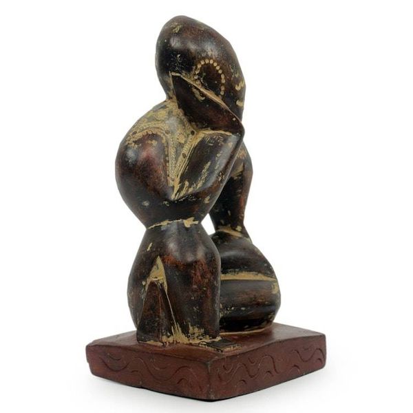 Alternate image for Vintage Style Ghanaian Wood Sculpture Thinking Man