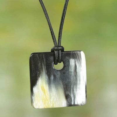 Primary image for Handmade Square Bull Horn Pendant Necklace with Leather Cord Breeze