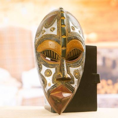 Alternate image for Ghanaian Wood Wall Mask with Embossed Aluminum Accents Kinga ya Upendo