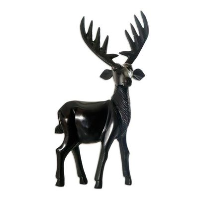 Alternate image for West African Ebony Polished Carved Brown Deer Sculpture Curious Deer