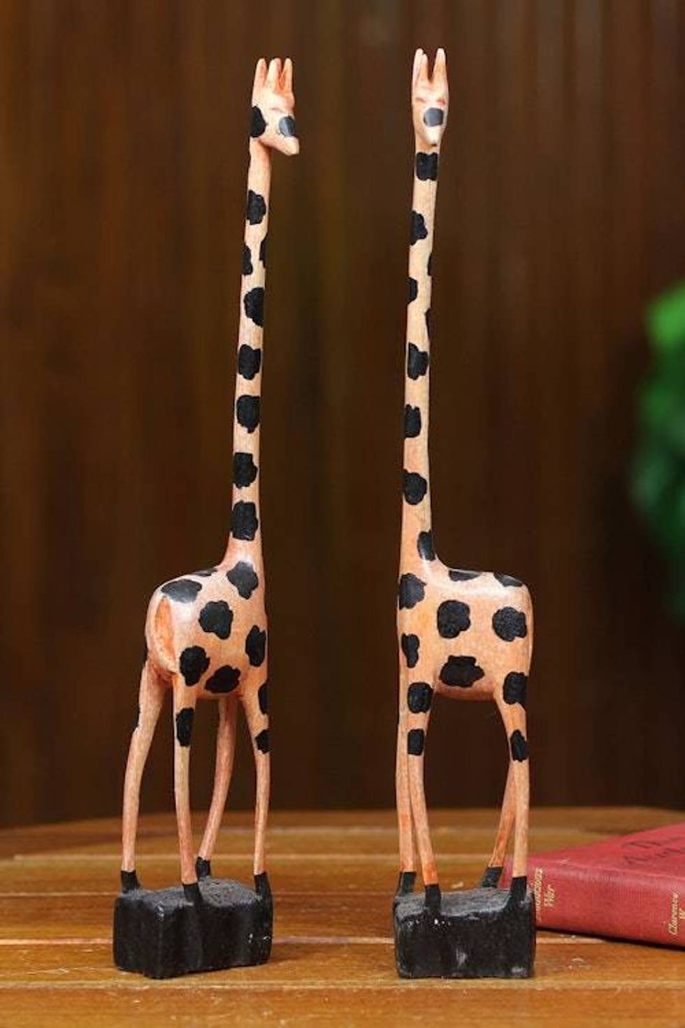 Hand Painted Wood Sculptures Pair 'Happy Giraffes'