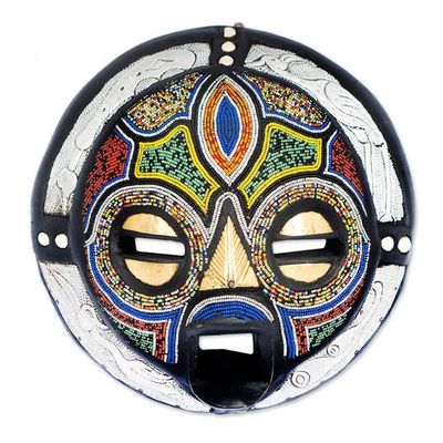 Alternate image for Recycled Glass Beaded Wood Aluminum Round African Wall Mask Pendo Shanga
