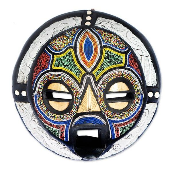 Alternate image for Recycled Glass Beaded Wood Aluminum Round African Wall Mask Pendo Shanga