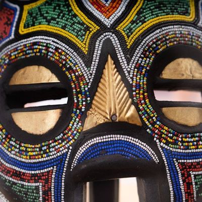 Alternate image for Recycled Glass Beaded Wood Aluminum Round African Wall Mask Pendo Shanga