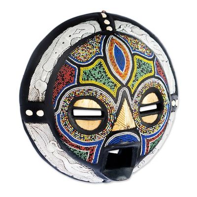 Alternate image for Recycled Glass Beaded Wood Aluminum Round African Wall Mask Pendo Shanga