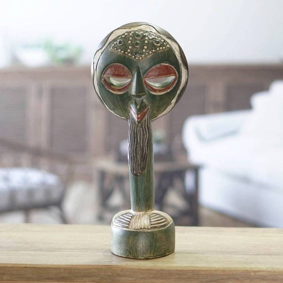 Handmade Sese Wood and Aluminum Sculpture in Green and Red 'Altar to Heritage'