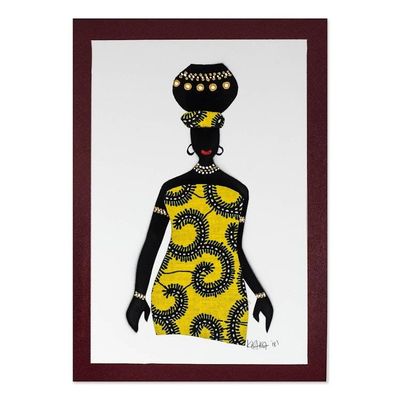 Alternate image for Yellow Cotton Accented Painting of an African Woman Ama with Pot in Yellow