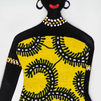 Alternate image for Yellow Cotton Accented Painting of an African Woman Ama with Pot in Yellow