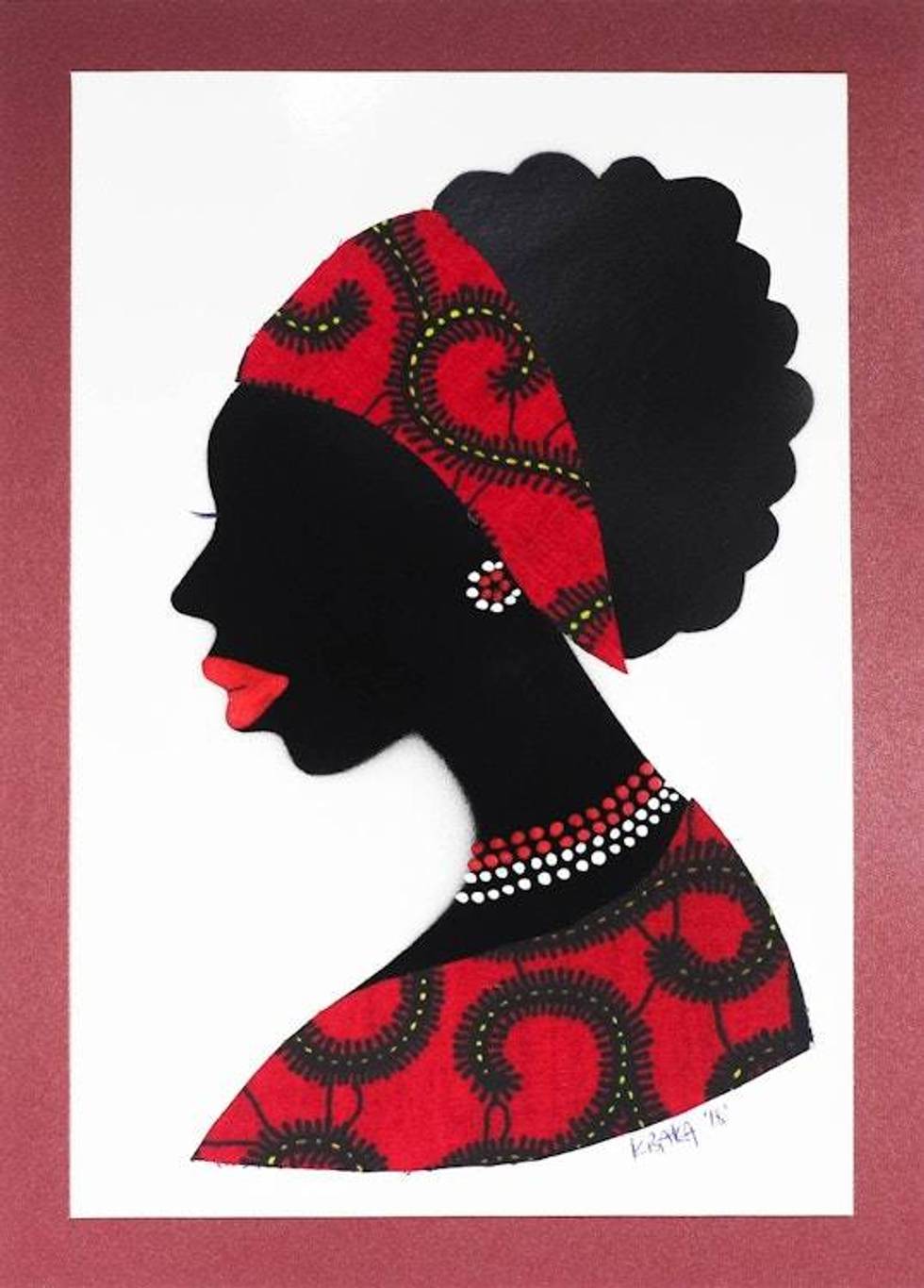 Signed African Woman Painting in Red from Ghana 'Mansah in Red'