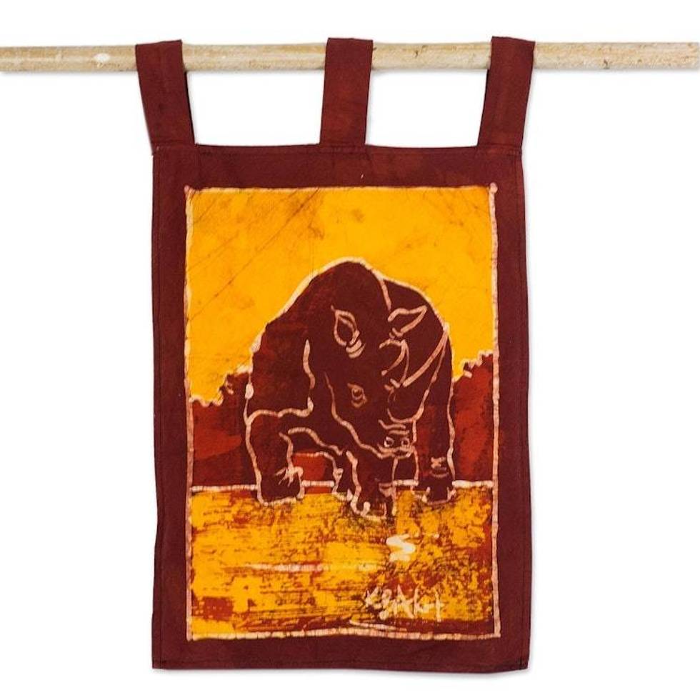 Batik Cotton Rhino Themed Wall Hanging from Ghana 'Rhino II'