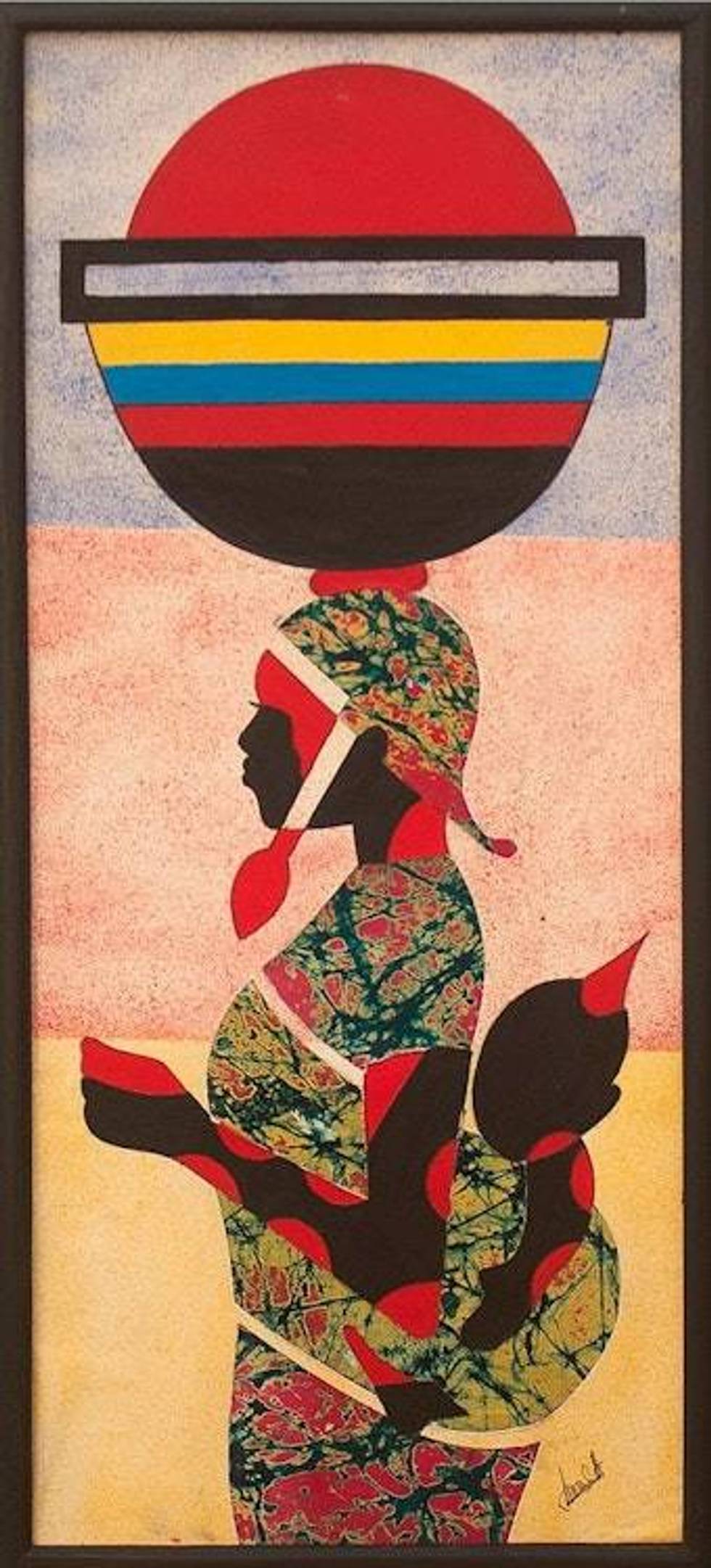 Oil and Batik Calico Painting of a Ghanaian Mother and Child 'Milk Seller II'