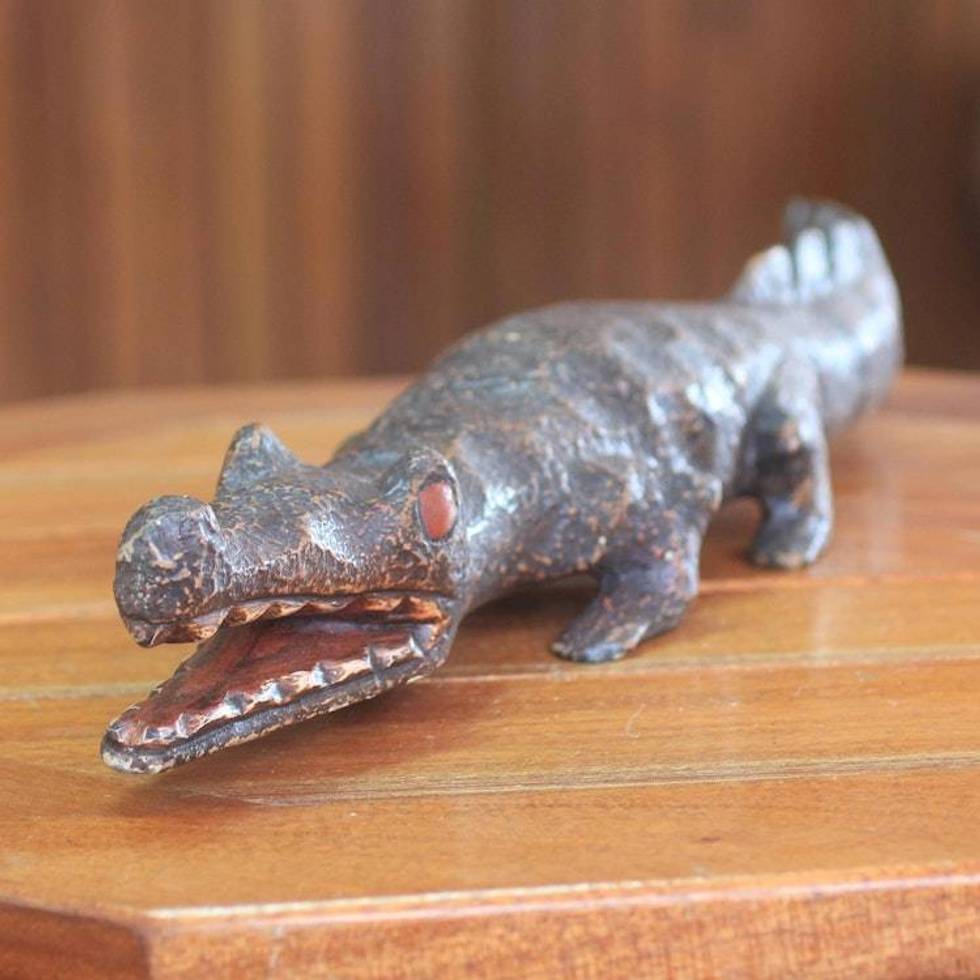African Hand Carved Wood Crocodile Sculpture 'Benin Crocodile III'