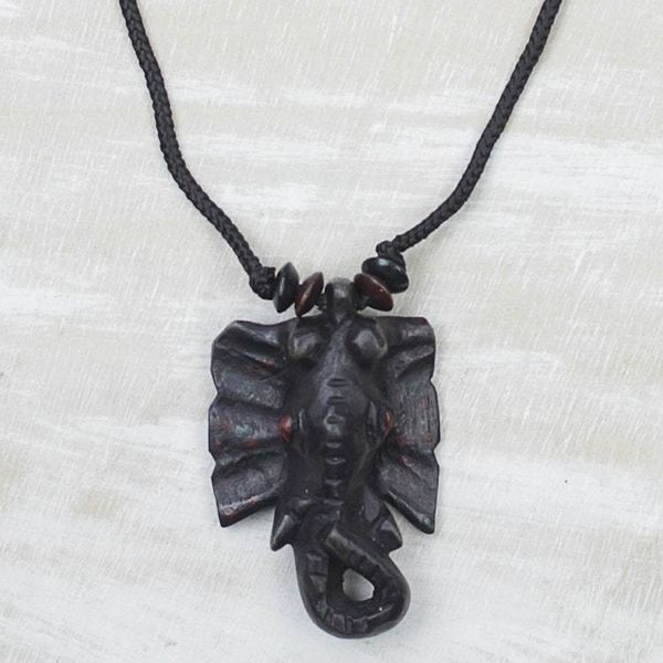 Alternate image for Hand-Carved Brave Elephant Sese Wood Pendant Necklace Brave Elephant